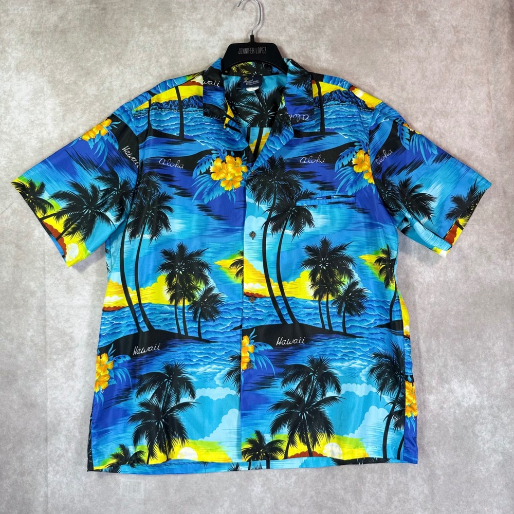 Royal Creations VTG Hawaiian Shirt Men XL Blue Tropical Palm Tree Made in Hawaii